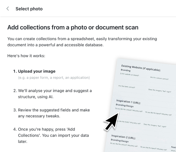 Effortlessly turn spreadsheets and images into collections