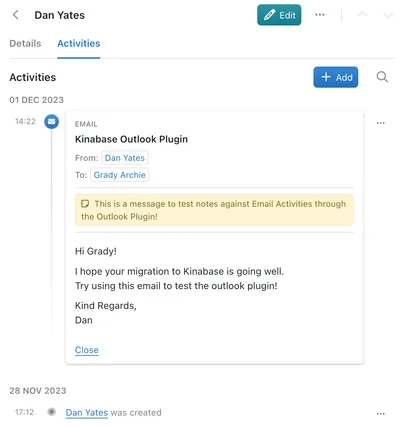 Email activity against contact on Kinabase