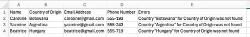 Import Failed, **.csv** with description of errors