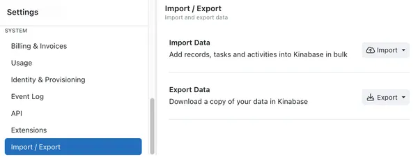 The **Import / Export** Page in Kinabase