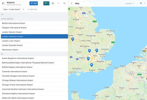 Map view of airports collection