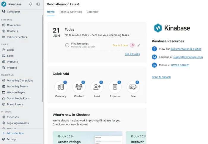 Kinabase activities and tasks