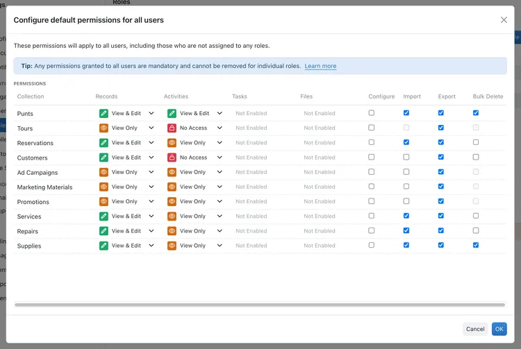 Configure default permissions for all users